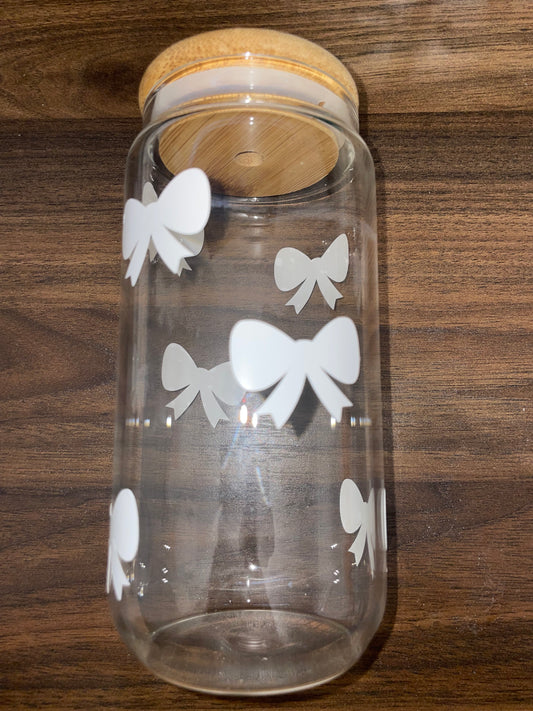Cute Bow Glass Storage Jar with Bamboo Lid – White Ribbon Design