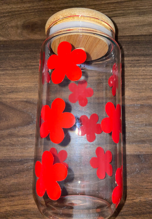 Retro Floral Glass Storage Jar with Bamboo Lid – Red Flower Design