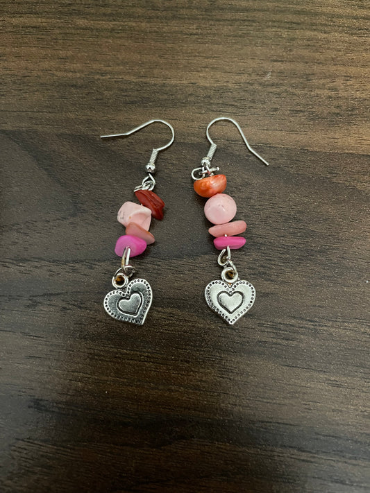 Handmade Heart Dangle Earrings with Pink and Red Stone Chips