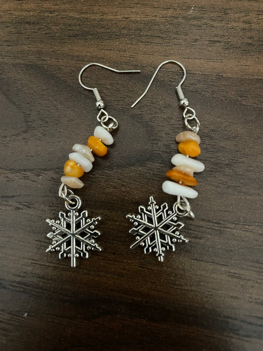 Handmade Snowflake Charm Earrings with Amber and White Beads