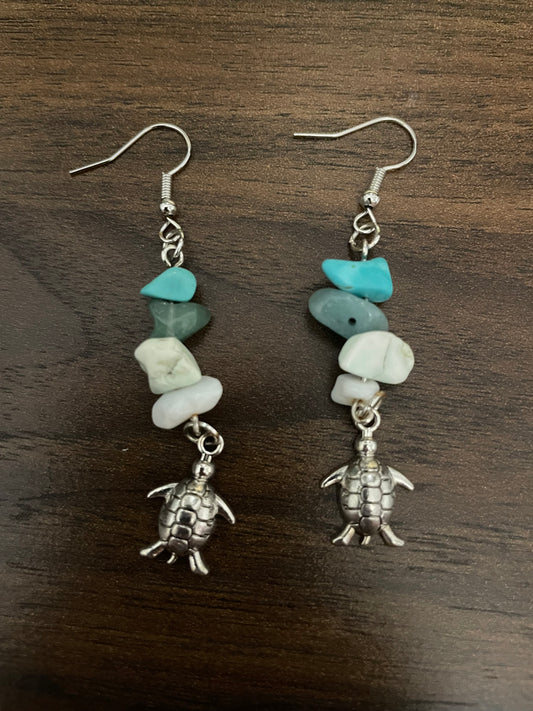 Handmade Ocean-Inspired Turtle Earrings with Turquoise and White Stone Chips