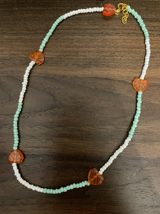Handmade Beaded Necklace with Orange Leaf Accents and Mint-White Beads